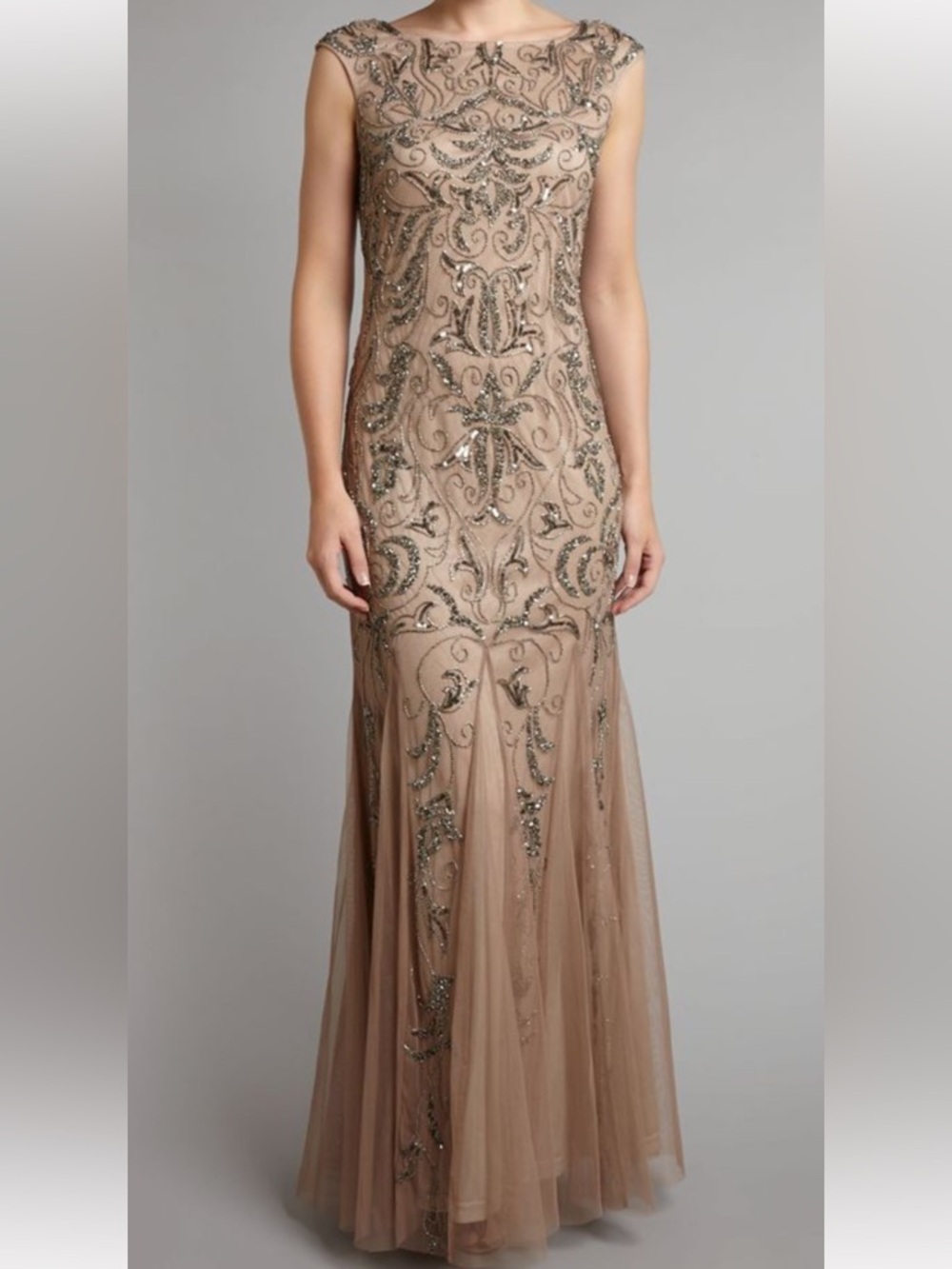 Embellished Nude Beaded Evening Gown